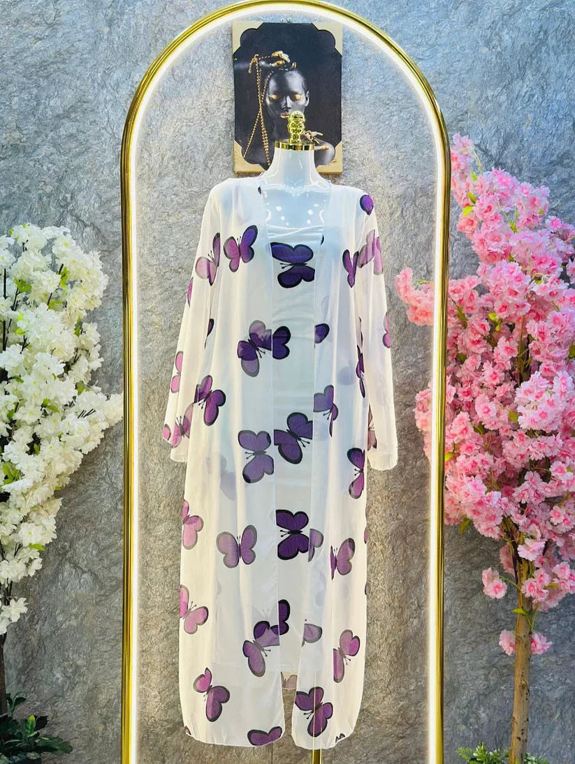 2 Piece Butterfly Printed Long Gown Dress