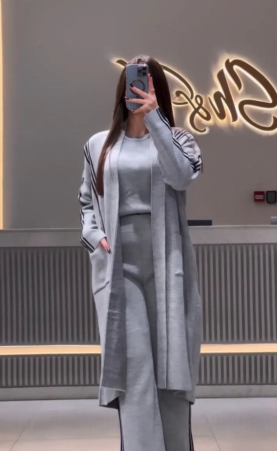3 Piece Gown Style Winter Wear Stripe Suit